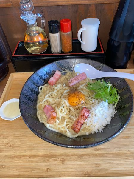 「濃厚鷄白湯カルボまぜそば麺大盛追加にんにく¥1,250円」@らぁめん 麺彩家の写真
