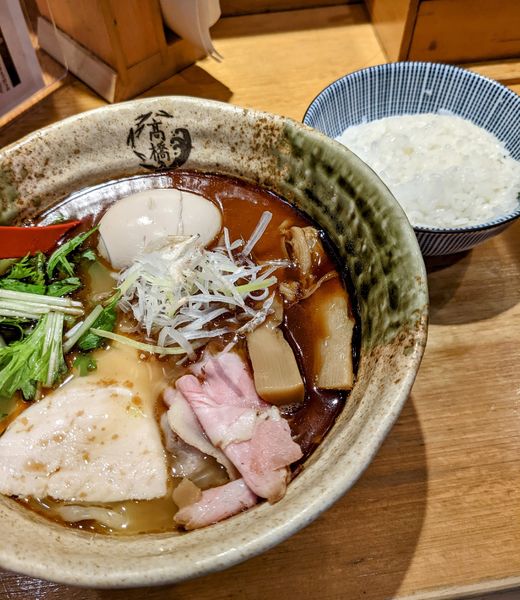 「味玉入り焼あご塩らー麺1,000円＋白めし(小)100円」@焼きあご塩らー麺 たかはし 上野店の写真