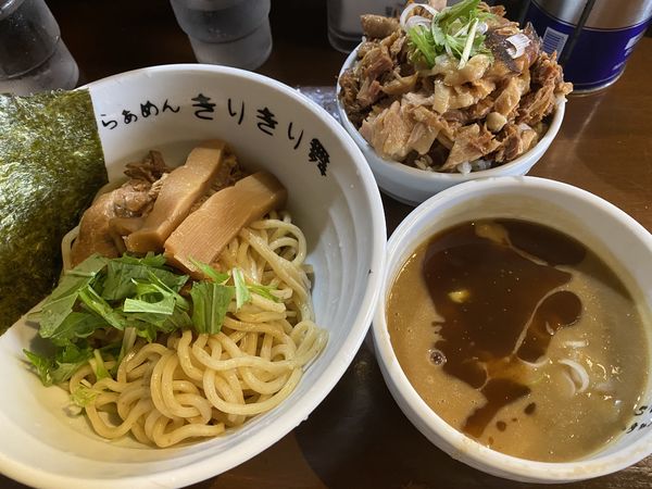 「特製海老油濃厚つけ麺+ランチ肉飯 1150+200」@葉月直系 きりきり舞の写真