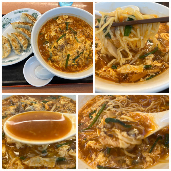 「酸辣きのこ湯麺 餃子セット910円 麺カタメ」@日高屋 小手指北口店の写真