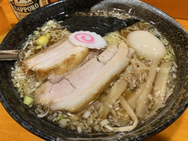 「特製中華そば＋ビール＋おつまみメンマ」@中華そば はな田の写真