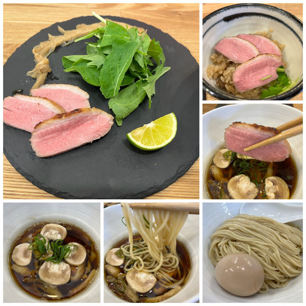 「味玉木の子と鴨肉のつけそば1200円鴨肉炊き込みご飯400円」@中華そば きなりの写真