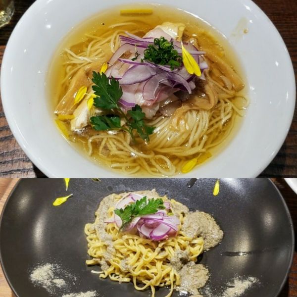 「鶏と水（あっさり）塩 ７９０円＋限定替玉 紅ズワイ蟹のソース」@蜂と蝶の写真