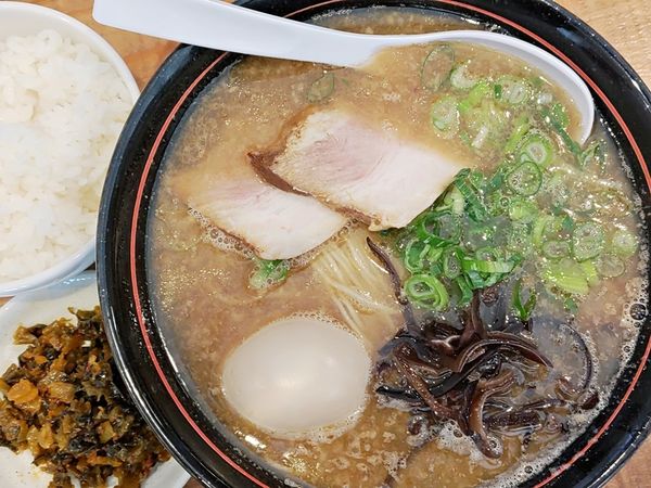 「濃ゆか豚骨玉子入り+白飯」@麺 松風の写真