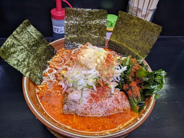 「オロチョン(魚火麺+味噌)5辛、朝ラーで+麺増し+麺増し」@僕との麺の写真