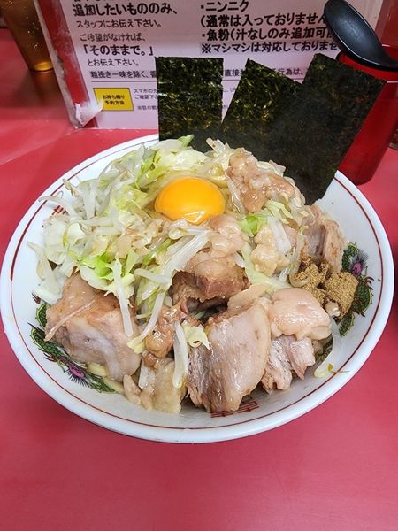 「大汁なし  豚ダブル  生たまご  焼きのり  あぶら  からめ」@ラーメン二郎 環七一之江店の写真