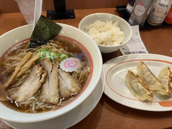 「中華そば（大盛り）＋ライスセット（3個餃子）」@幸楽苑 葛飾南水元店の写真