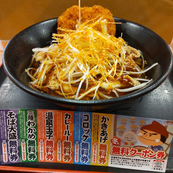 「【季節限定】辛ねぎ肉そば（￥600）＋コロッケ（クーポン）」@ゆで太郎 大鳥居店の写真