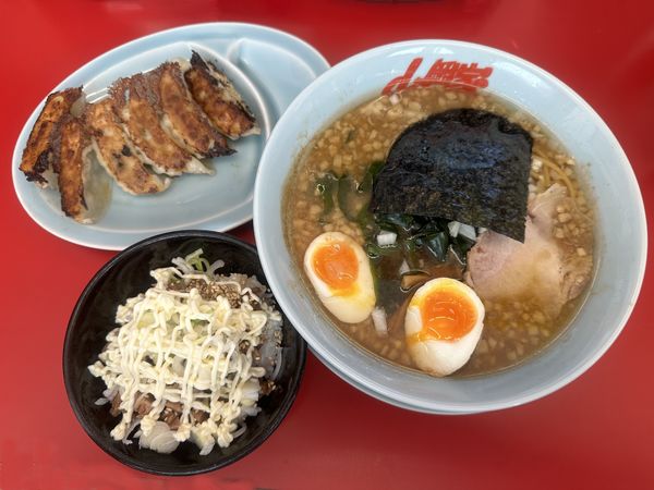 「プレミアム豚骨醤油ラーメン・特製餃子セット+」@ラーメン山岡家 新大垣店の写真