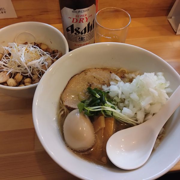 「味玉煮干しそば1000円、タマネギ100円、替え玉150円他」@煮干しそば 虎希の写真