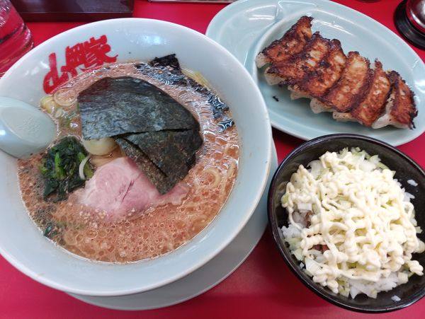 「サービスセットＡ(味噌ラーメン、ネギマヨ丼)クーポン餃子」@ラーメン山岡家 松戸北小金店の写真