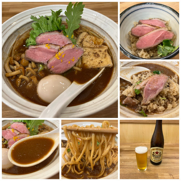 「味玉赤味噌そば1100円鴨肉炊き込みご飯400円ビール550」@中華そば きなりの写真