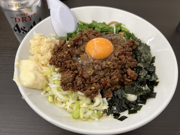 「【限定】台湾まぜそば950円＋小ライス60円+ビール」@元祖スタミナ満点らーめんすず鬼 狭山ヶ丘分店の写真