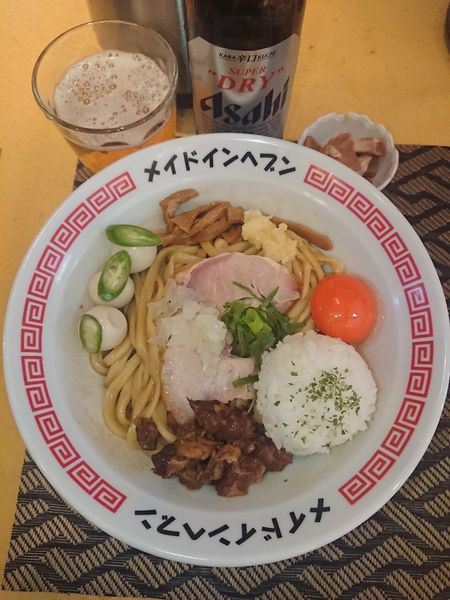 「スーパードライ(小瓶)＋油そば＋ライスボール＋卵黄＋青唐うずら」@メイドインヘブンの写真