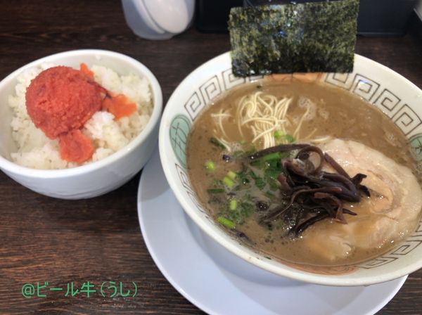 「らーめん(850円)バリカタ、めんたいこご飯(300円)、替玉」@博多長浜らーめん 楓神の写真
