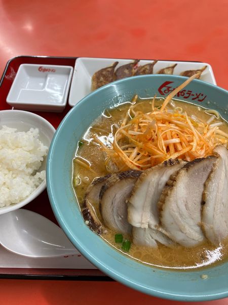 「味噌ネギチャーシュー　サービスランチ餃子つき」@くるまやラーメン 保谷新町店の写真