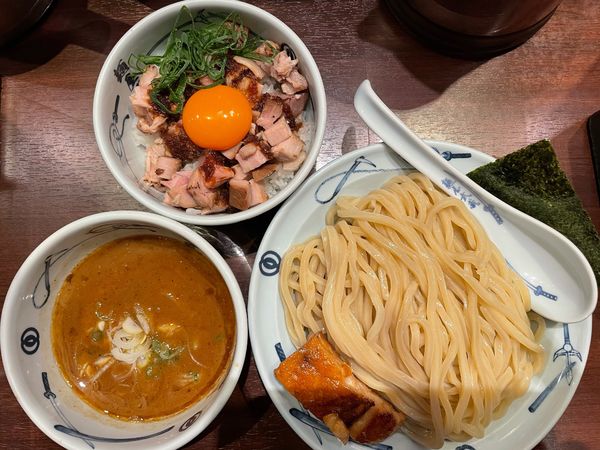 「濃厚つけ麺（2倍盛り）、とんがり飯」@創始麺屋武蔵の写真