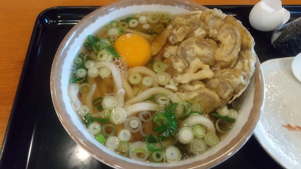 「うどん中340円、ごぼうと蓮根かき揚げ160円、生玉子50円」@うどん ちよ志 南吉方店の写真