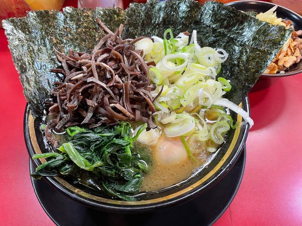 「ラーメン＋のり＋きくらげ＋薬味ねぎ＋半賄い飯」@家系ラーメン とらきち家の写真