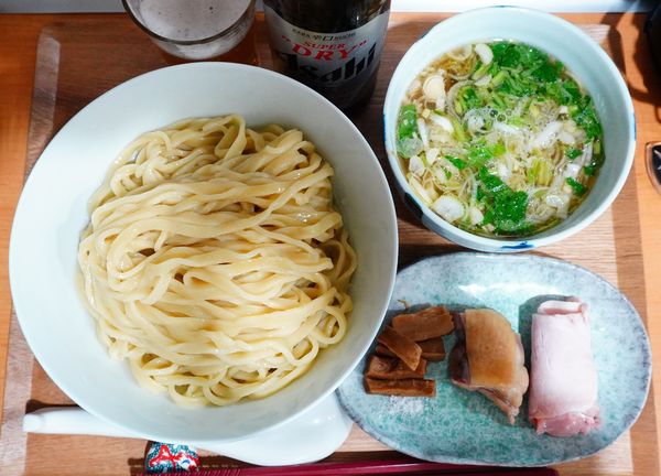 「つけめん(醤油)＋大盛＋味玉＋瓶ビール(小瓶)」@らーめん亭 ひなり竜王の写真
