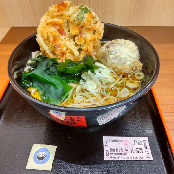 「桜海老のミニかき揚げ天とドデカ肉団子天そば（￥620）＋入場」@名代 箱根そば マルシェ新百合ヶ丘店の写真