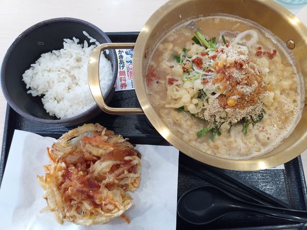 「もつ鍋ら〜めん小ライスセット900円クーポンかき揚げ」@ゆで太郎 馬橋店の写真
