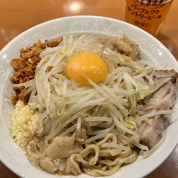 「汁なしミニ（ニンニク少なめ・野菜）＋生ビール」@麺屋 長次郎の写真