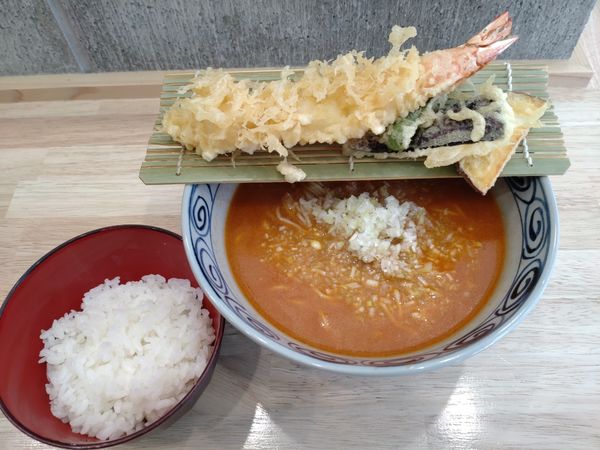 「海老味噌ラーメン 海老天ミニライスセット　１３８０円」@神の海老天ラーメンの写真