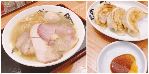 「特製中華そば 塩(並・ニンニク)＋心の味餃子(ジャンボ)3個」@松戸中華そば 富田食堂 東千葉店の写真