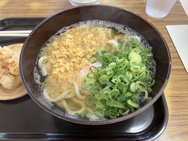 「かけうどん(中)揚げ玉九条ネギトピ」@八割うどんの写真