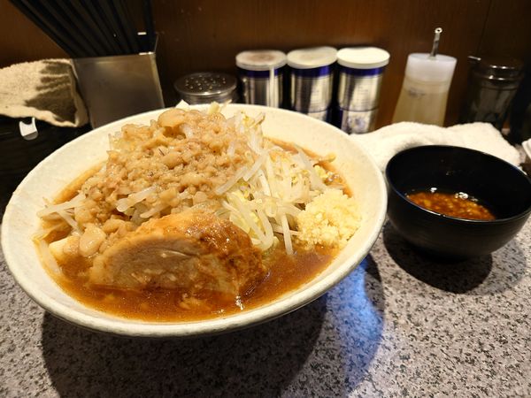 「MIXラーメン大 味付け油  野菜  ニンニク  油」@ラーメン宮郎の写真