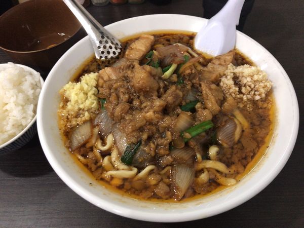 「スタ満ソバ(全部)+生玉子+小ライス 1020円」@元祖スタミナ満点らーめんすず鬼 狭山ヶ丘分店の写真