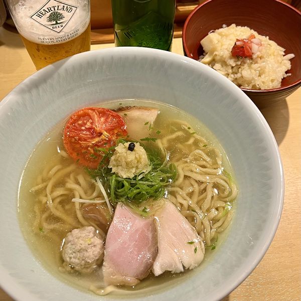 「塩そば（手揉み麺）＋毛蟹の炊き込みご飯＋ビール」@饗 くろ㐂の写真
