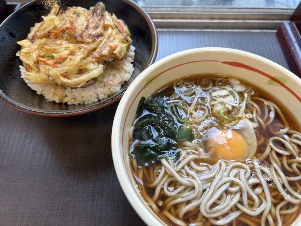 「ミニかき揚げ丼セット(温、そば)680円+玉子(生)80円」@狭山そば 清瀬駅前店の写真