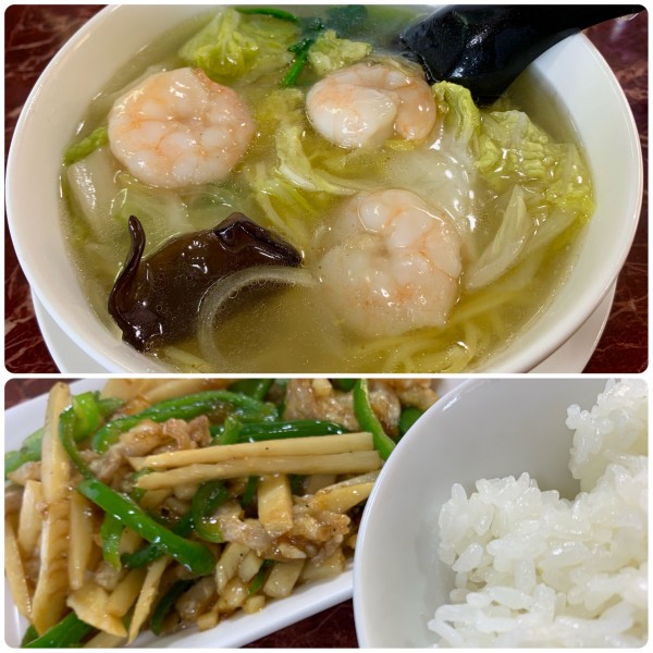 「ミニエビソバ450円ミニ青椒肉絲450円ライス250円」@大井屋の写真