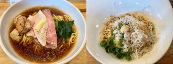 「奥久慈しゃもの特製中華そば(平打麺)＋海老と小柱の和え玉」@中華そば ひしおの写真