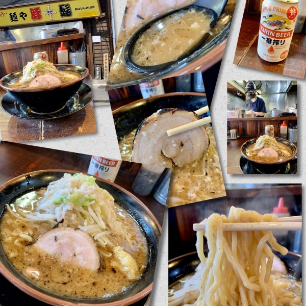 「ラーメン小(柔目､ﾆﾝﾆｸ少し､ｱﾌﾞﾗ)750円＋缶🍺」@麺や豚髭の写真