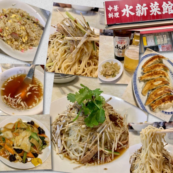 「葱肉冷麺1050円＋ﾁｬｰﾊﾝ🍺🥟餡かけ焼きそば」@水新菜館の写真