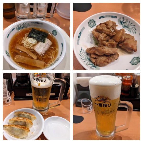 「半ラーメン＋生ビール＋ハイボール×2＋餃子3個＋焼鳥ネギ和え」@熱烈中華食堂 日高屋 浦和さくら草通店の写真