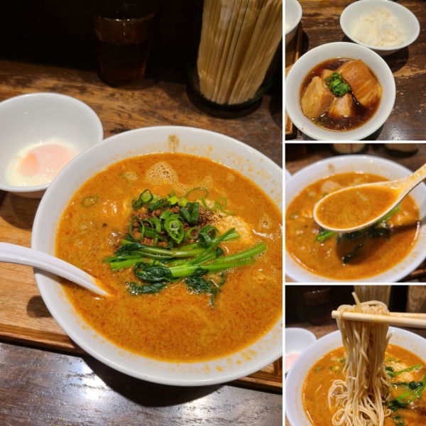 「温玉入り 汁あり担々麺+小ご飯+角煮」@六坊担担面の写真