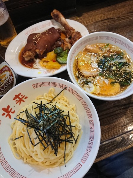 「ビール中瓶＋豚足柔らか煮＋つけめん」@中華そば 光来の写真