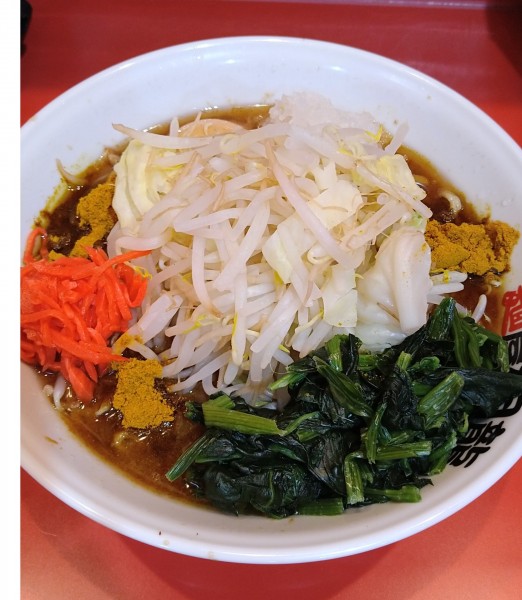 「ラーメン小+カレー粉✖3､ほうれん草､玉ねぎ､アレ=紅生姜」@麺屋 桐龍 久喜店の写真