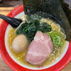 ラーメン(細麺)+3点トッピング(ほうれん草、味玉、海苔)
