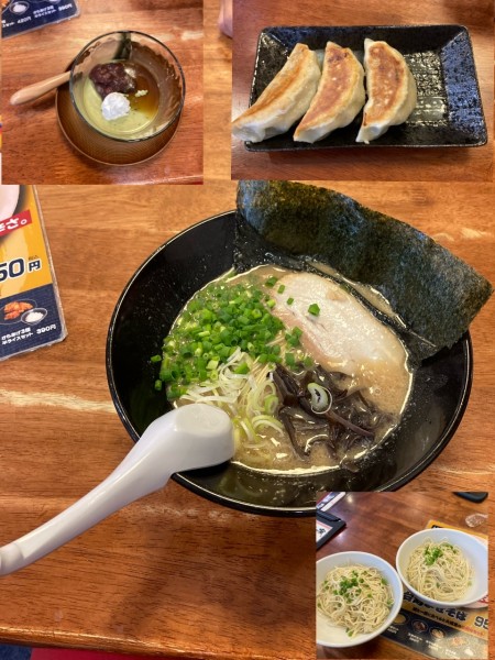 「茨城豚骨まるノーマル　抹茶プリン　餃子3個　替え玉」@博多ラーメン とんこつ家の写真