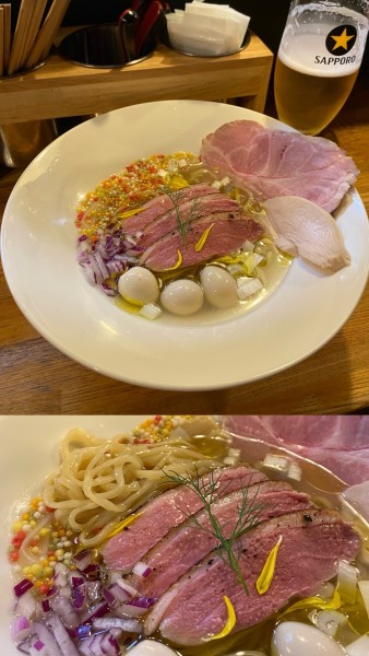 「[限定] 鴨と山椒の冷製(塩で)￥1380＆生ビール￥600」@麺庵 小島流の写真