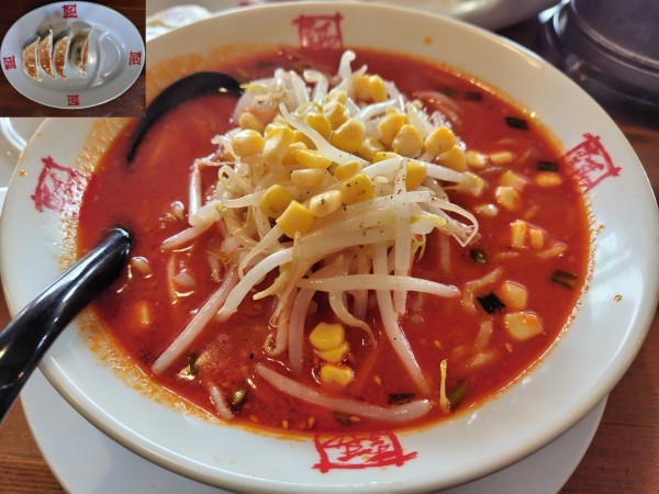 「辛みそ　＋焼きギョーザ（４ケ）：サービス」@おおぎやラーメン 長野駒ヶ根店の写真