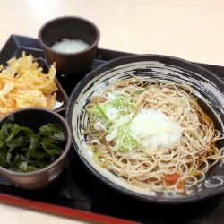 朝そば(冷・鬼おろし/420円)+かき揚げ(クーポン)