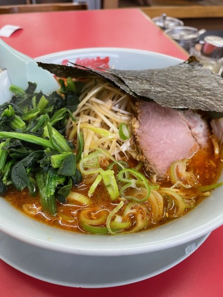 「辛味噌中辛並　白髪ネギ、ほうれん草」@ラーメン山岡家 日立東金沢店の写真