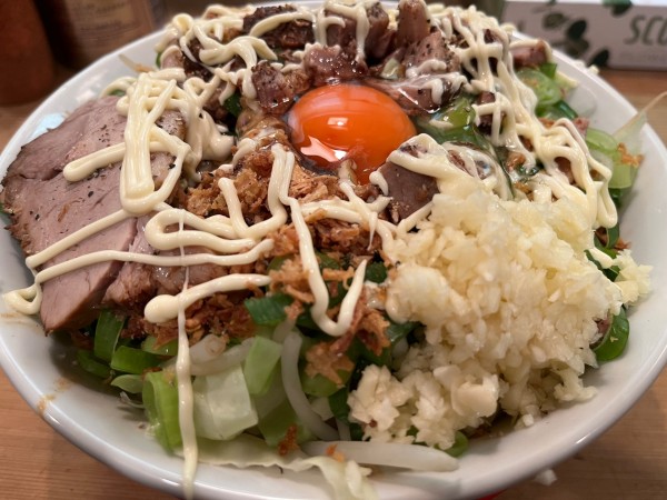 「汁なし（大）＋生卵＋マヨネーズ＋ネギ増し：800＋100＋5」@らーめんやまちゃんの写真