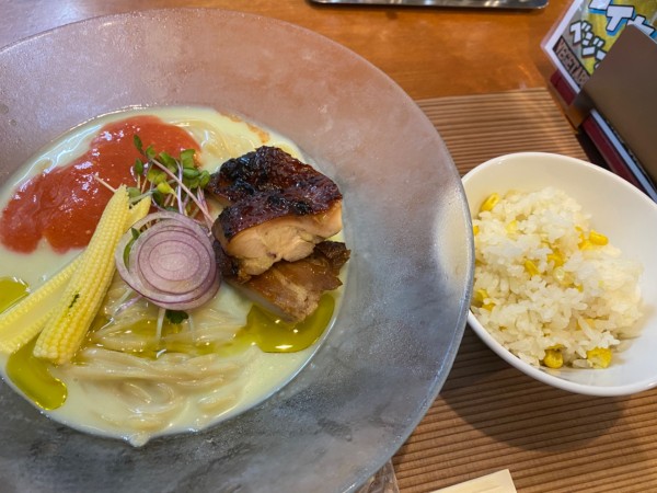「限定 冷製ベジフェスラーメン+モロコシご飯　1300+350」@僕家のらーめん おえかきの写真